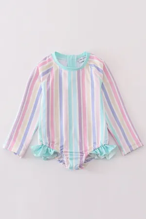 Multicolored Stripe Print Girl Long Sleeve Swimsuit