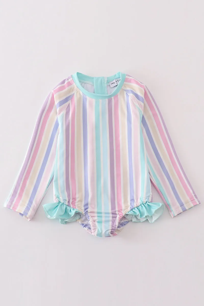 Multicolored Stripe Print Girl Long Sleeve Swimsuit