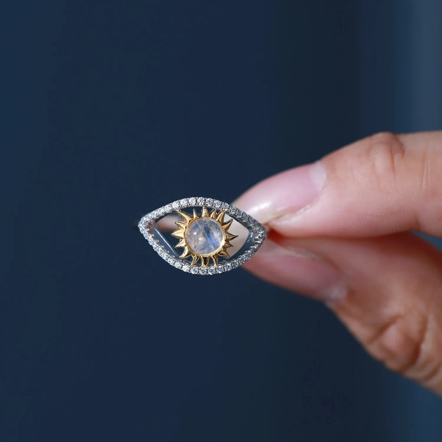 Natural Rainbow Moonstone Turkish Eye Adjustable Ring in 925 Sterling Silver