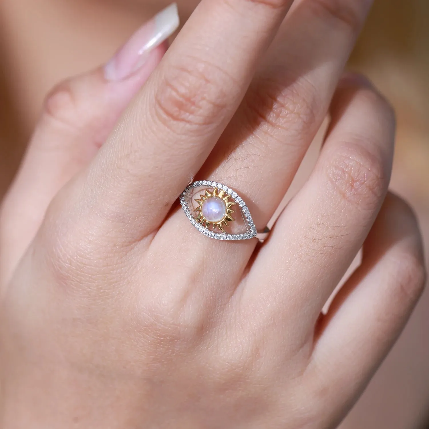 Natural Rainbow Moonstone Turkish Eye Adjustable Ring in 925 Sterling Silver