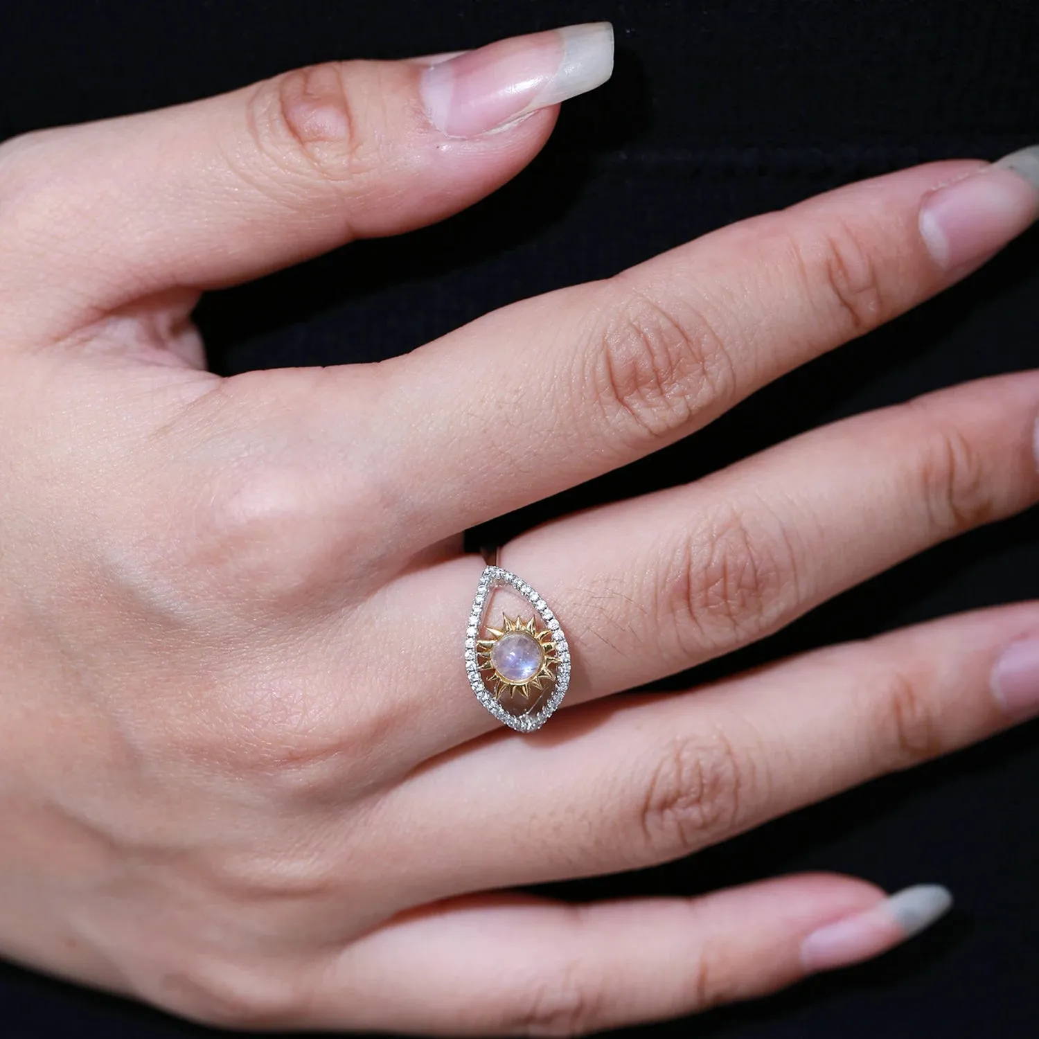 Natural Rainbow Moonstone Turkish Eye Adjustable Ring in 925 Sterling Silver