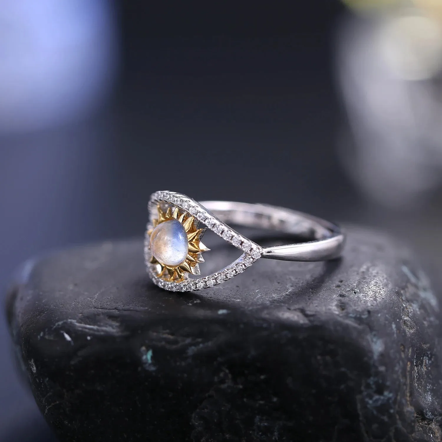 Natural Rainbow Moonstone Turkish Eye Adjustable Ring in 925 Sterling Silver