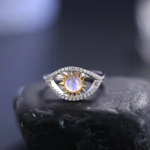 Natural Rainbow Moonstone Turkish Eye Adjustable Ring in 925 Sterling Silver