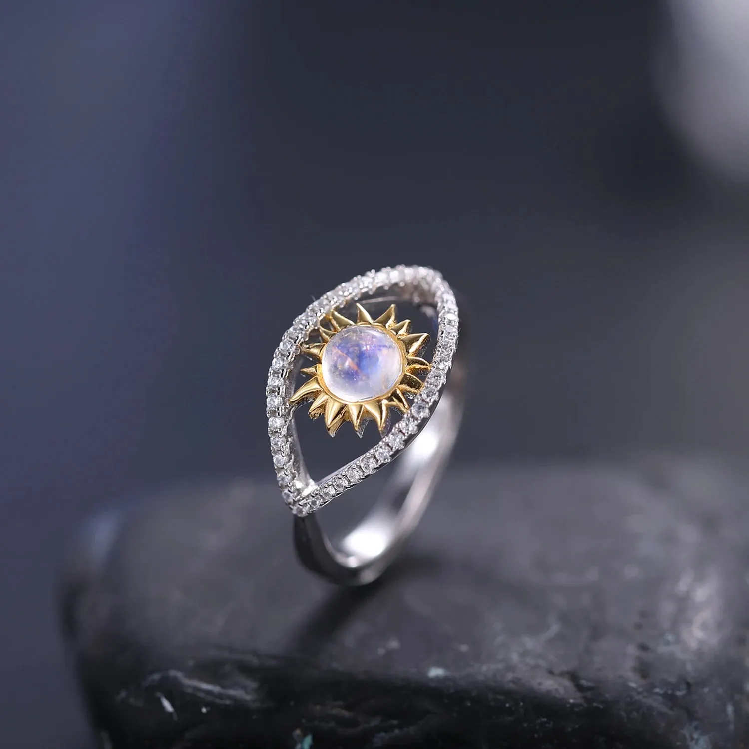 Natural Rainbow Moonstone Turkish Eye Adjustable Ring in 925 Sterling Silver