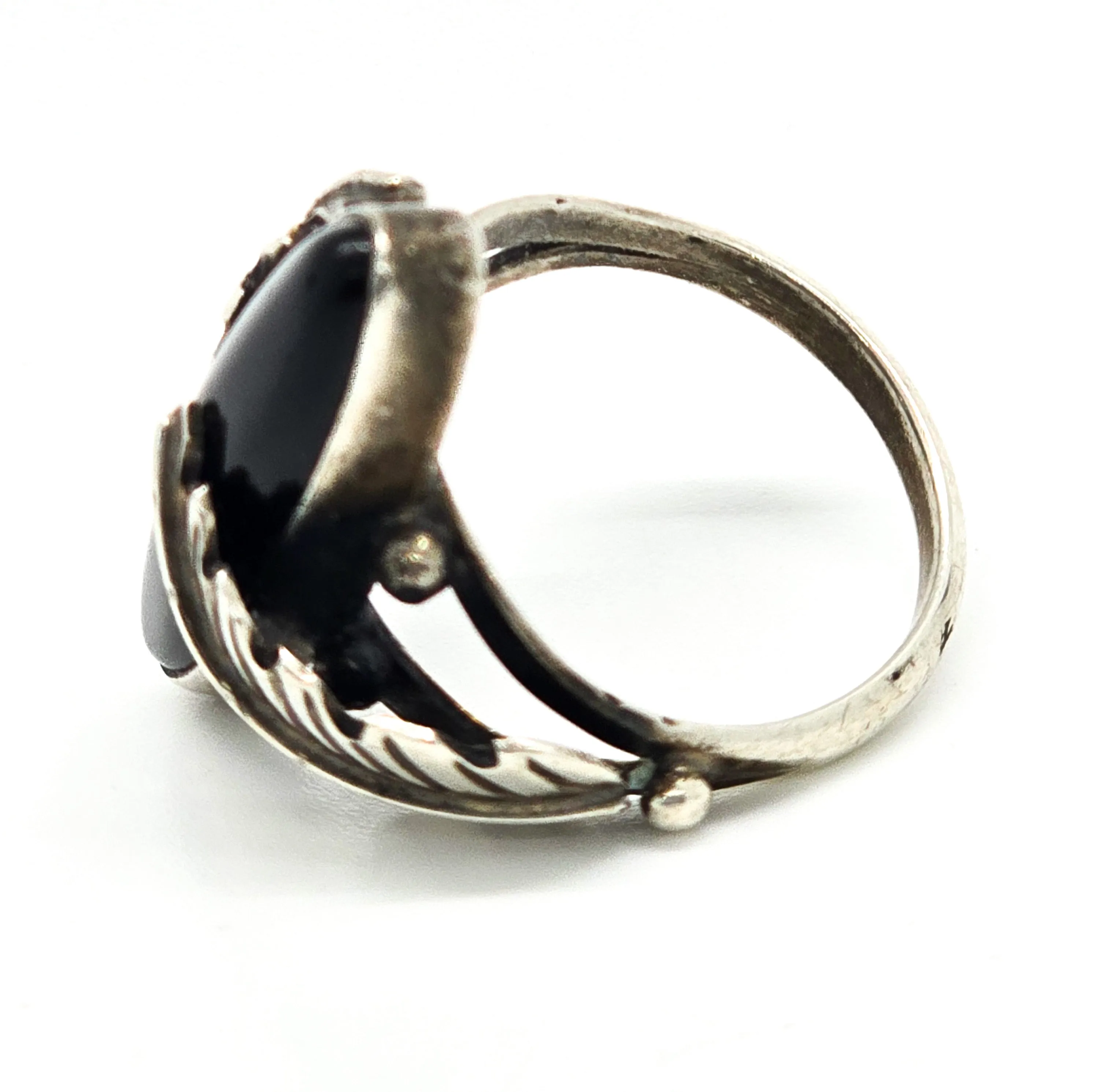 Navajo Black Onyx Feather RG sterling silver Native American vintage ring size 6.5