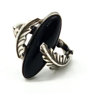 Navajo Black Onyx Feather RG sterling silver Native American vintage ring size 6.5