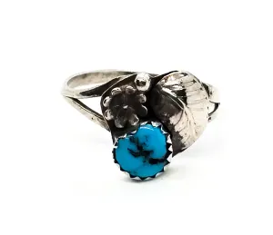 Navajo Turquoise Native American sterling silver feather flower vintage ring size 6