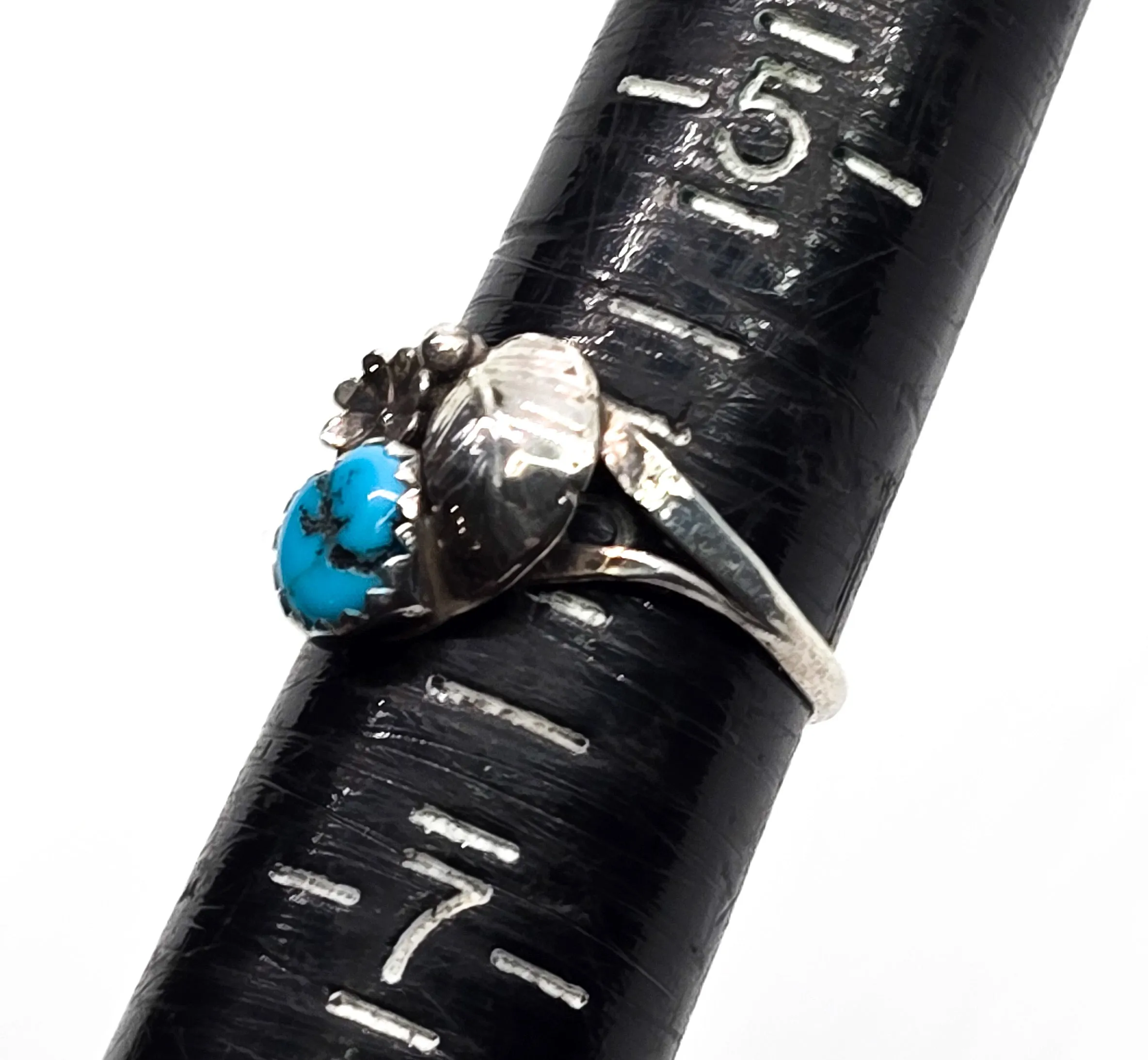 Navajo Turquoise Native American sterling silver feather flower vintage ring size 6