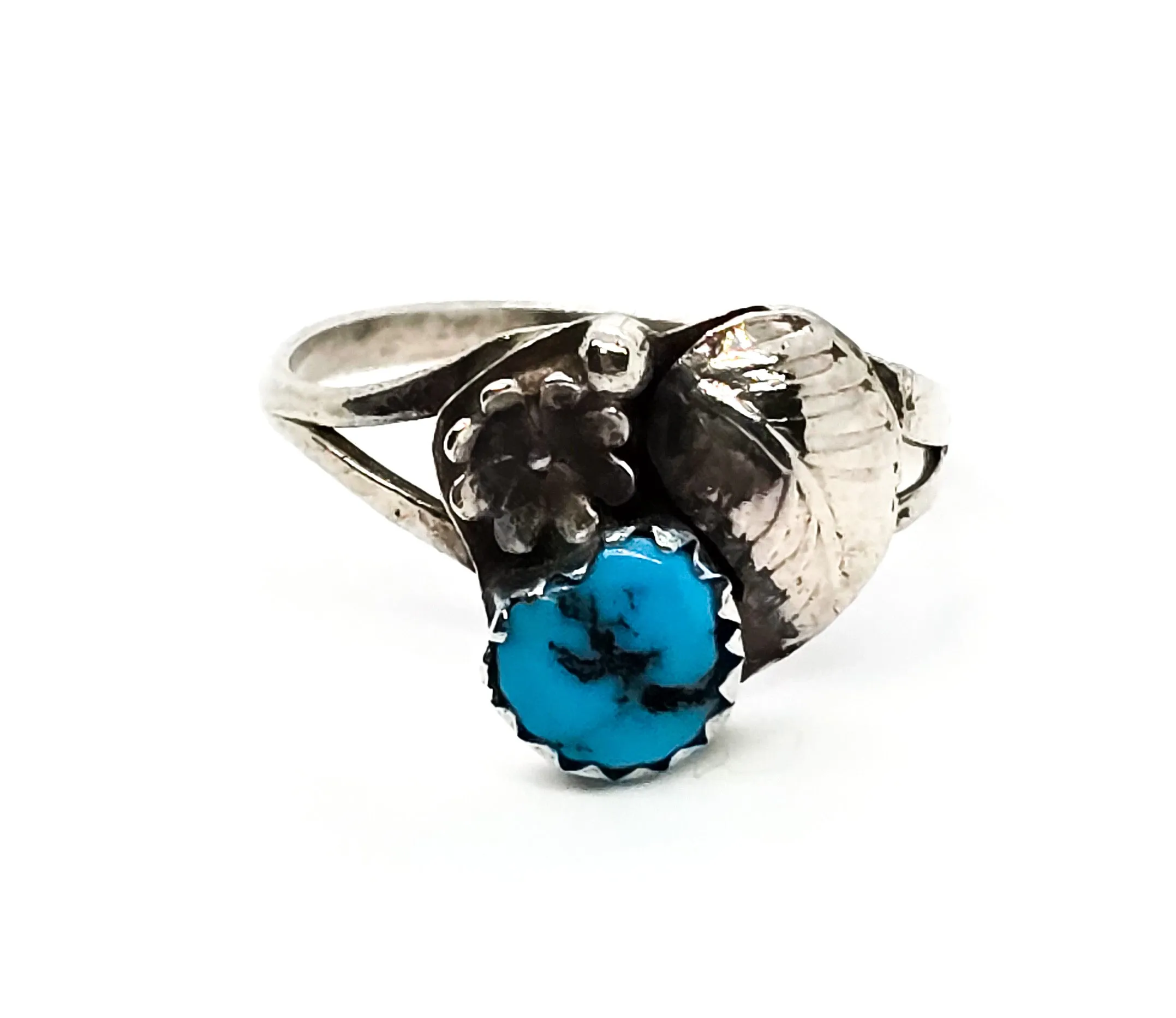 Navajo Turquoise Native American sterling silver feather flower vintage ring size 6
