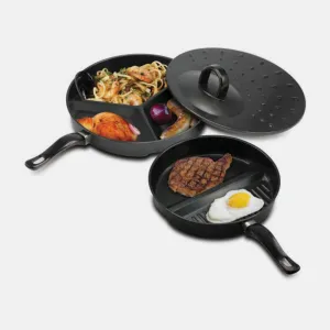 New As seen on TV Cooking Pan Tri Pan Magic set 3 compartment includes bonus 2 section pan magic & Vegetable slicer, Cook Multiple Things at Once Without All the Dirty Dishes