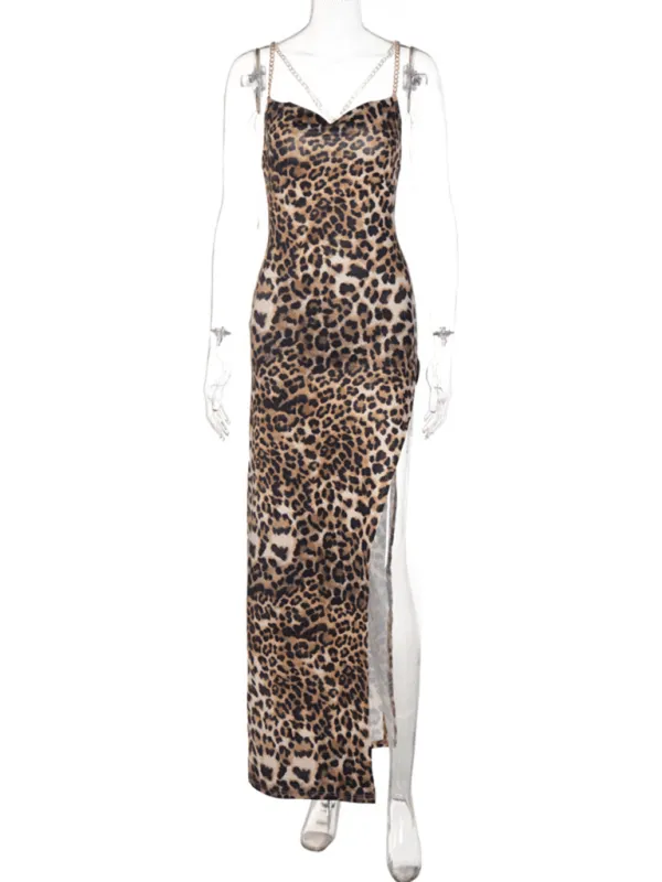 New Fashion Leopard Print Slim Backless Chain Strap Midi Dress