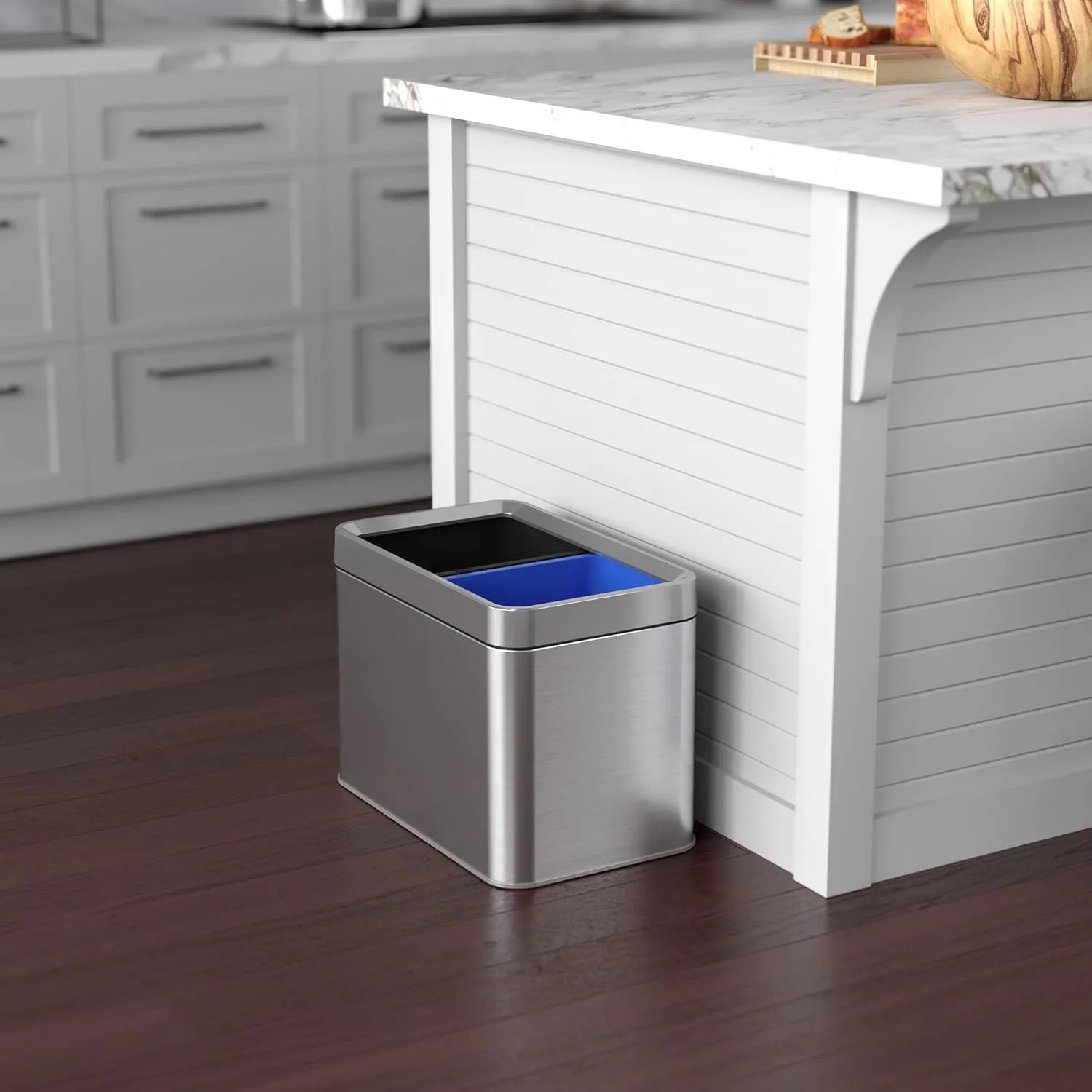 New iTouchless 5.3 Gallon Dual Compartment Slim Open Top Waste Bin for Trash Can & Recycle Container, 20 Liter Stainless Steel Wastebasket Retails $143 