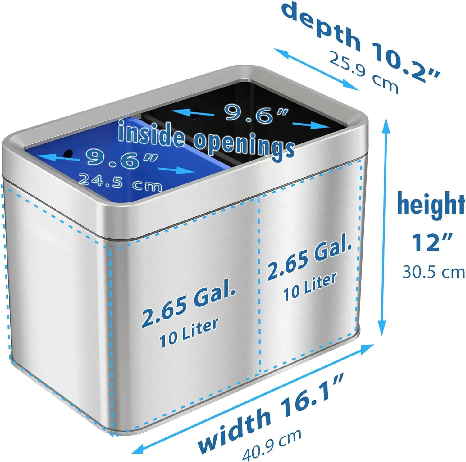 New iTouchless 5.3 Gallon Dual Compartment Slim Open Top Waste Bin for Trash Can & Recycle Container, 20 Liter Stainless Steel Wastebasket Retails $143 