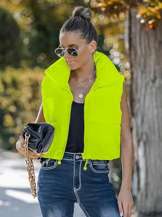 NEW MEROKEETY Women's Crop Puffer Vest Lightweight Stand Collar Sleeveless Zip Up Padded Gilet Coat, Sz S/M, Retails $66