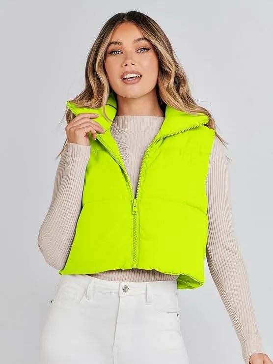 NEW MEROKEETY Women's Crop Puffer Vest Lightweight Stand Collar Sleeveless Zip Up Padded Gilet Coat, Sz S/M, Retails $66