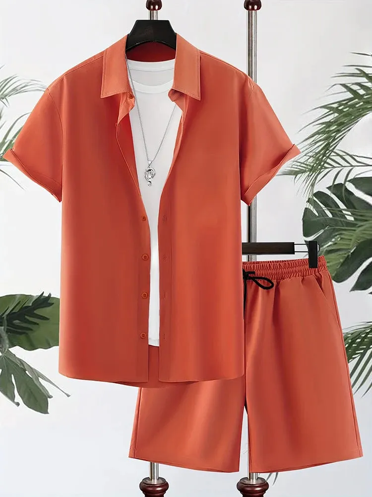 New Solid Color Men's Shirt & Shorts Set