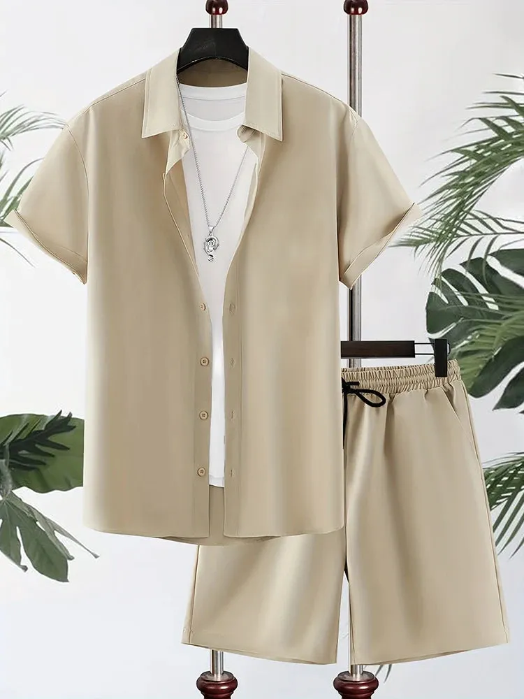 New Solid Color Men's Shirt & Shorts Set