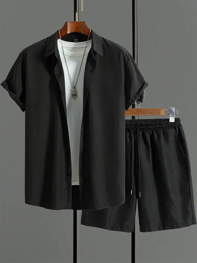 New Solid Color Men's Shirt & Shorts Set