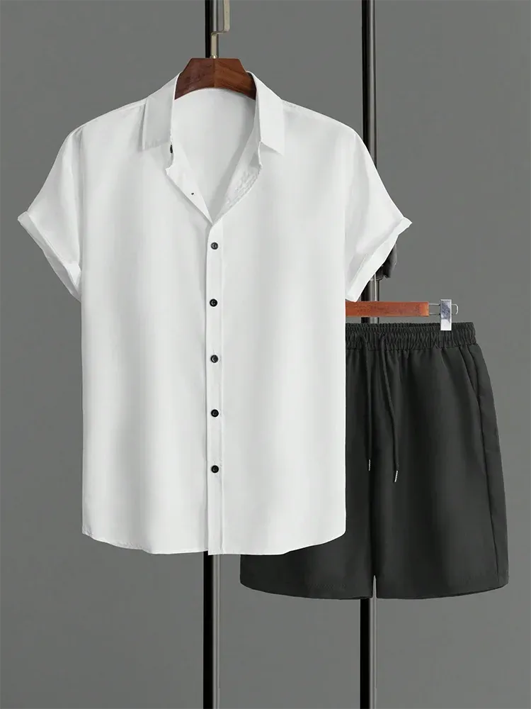 New Solid Color Men's Shirt & Shorts Set