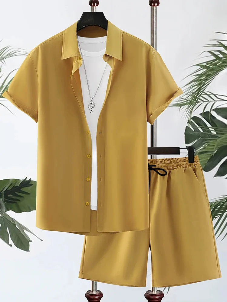 New Solid Color Men's Shirt & Shorts Set