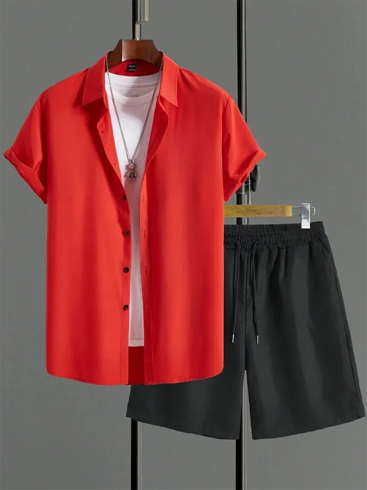 New Solid Color Men's Shirt & Shorts Set