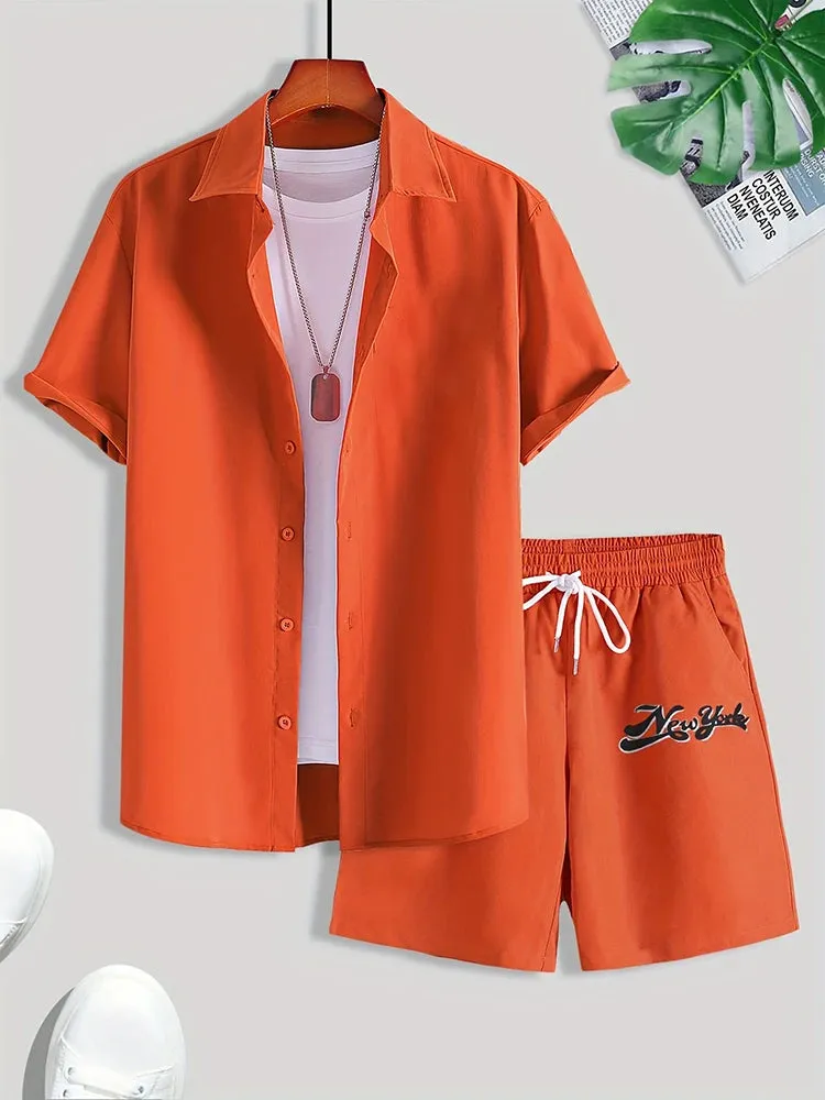 New Solid Color Men's Shirt & Shorts Set