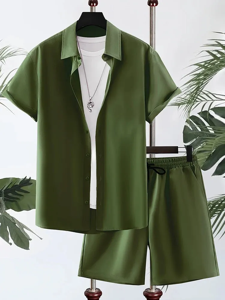 New Solid Color Men's Shirt & Shorts Set