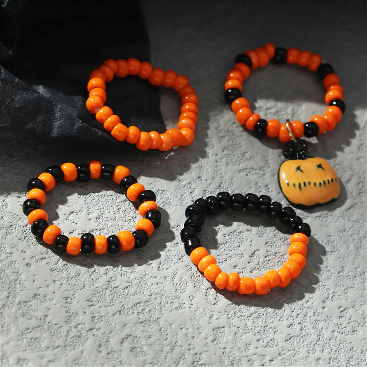 Orange & Black Howlite Pumpkin Stretch Ring Set