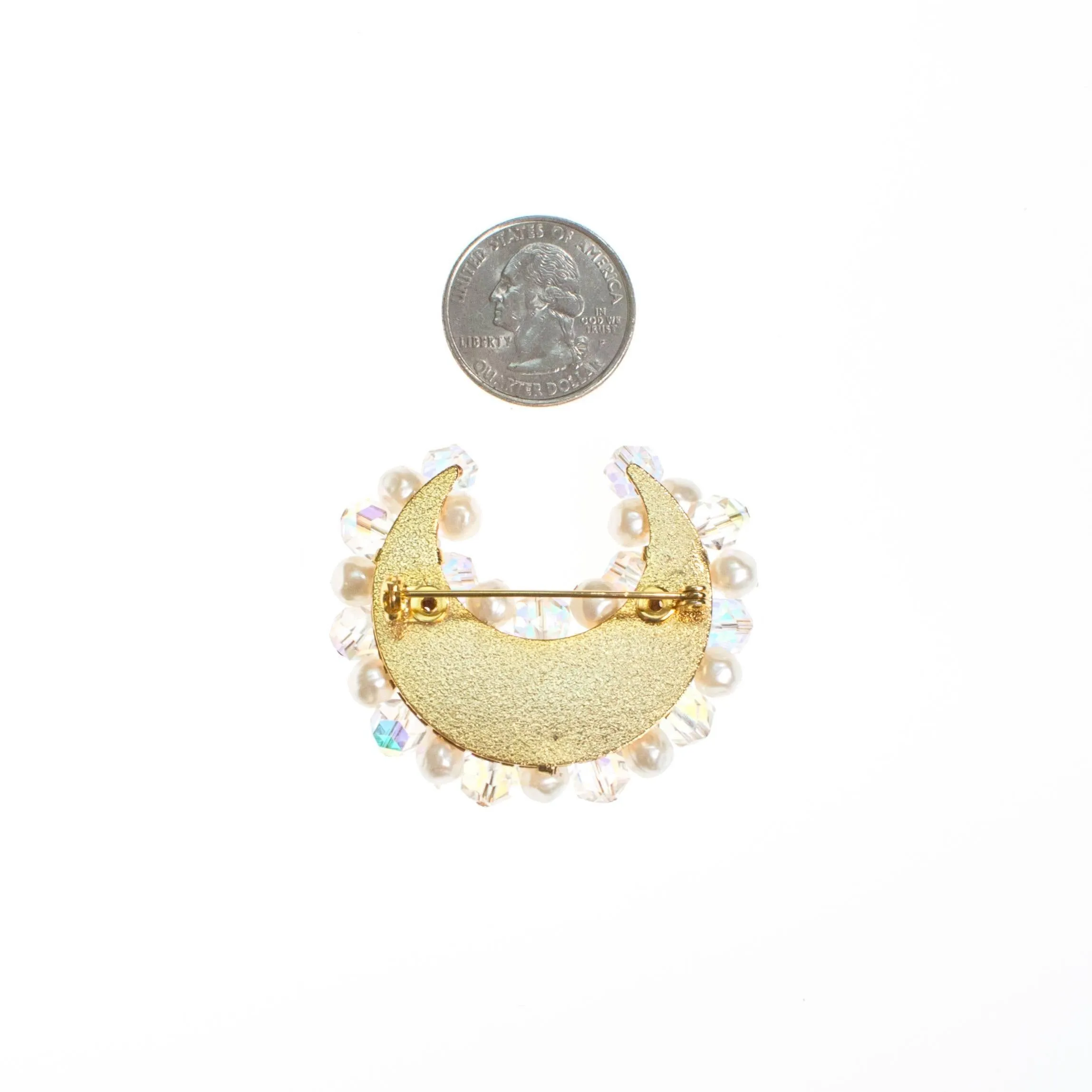 Pearl and Iridescent Aurora Borealis Crystal Moon  Brooch