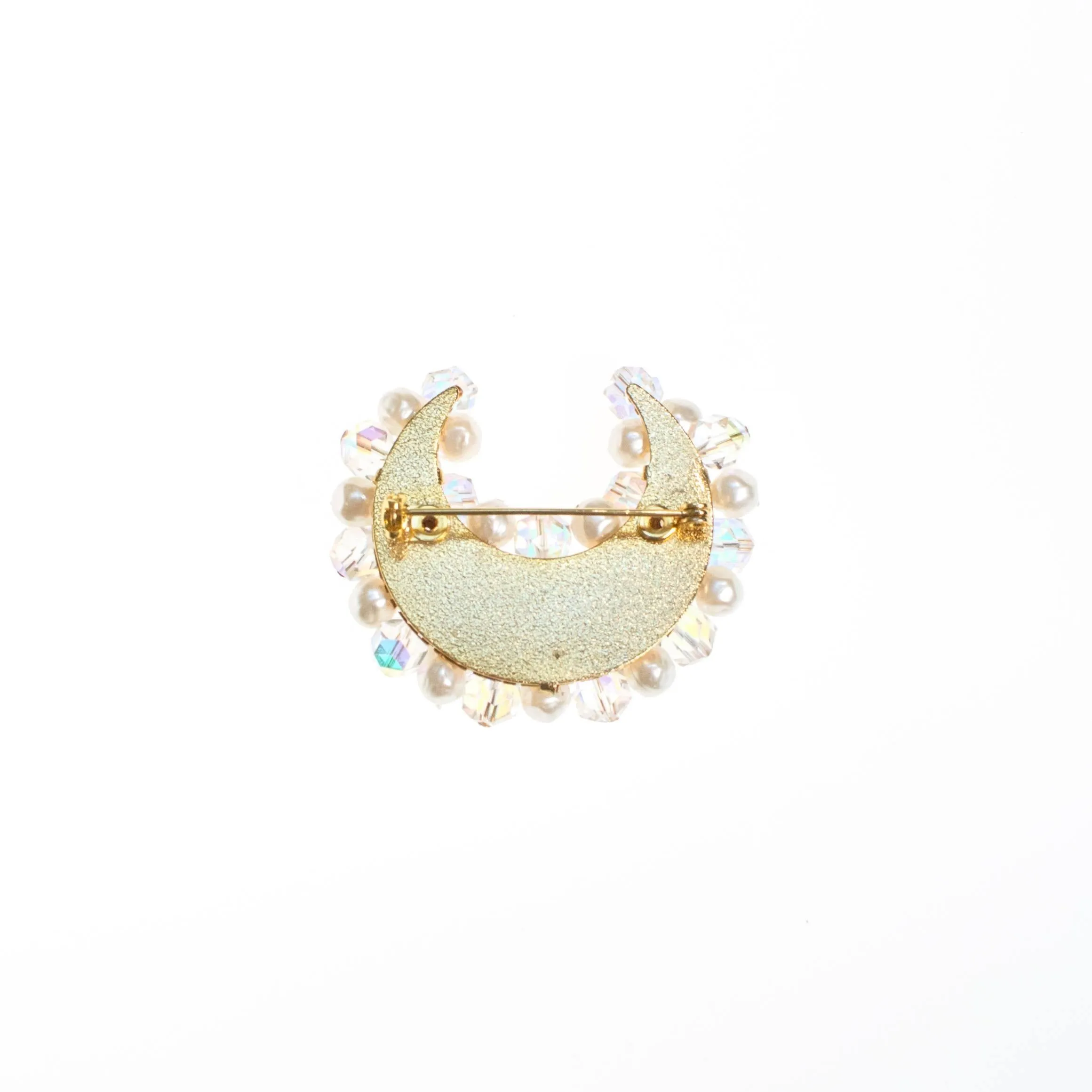 Pearl and Iridescent Aurora Borealis Crystal Moon  Brooch