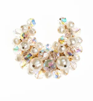 Pearl and Iridescent Aurora Borealis Crystal Moon  Brooch