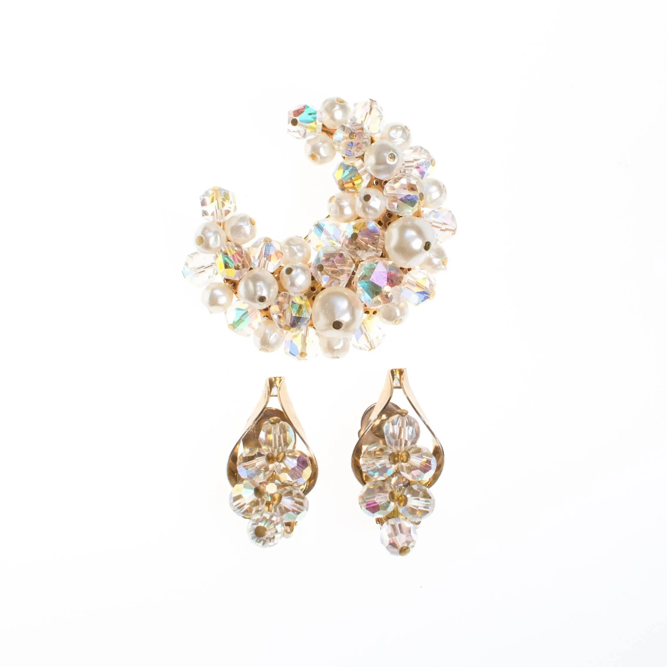 Pearl and Iridescent Aurora Borealis Crystal Moon  Brooch