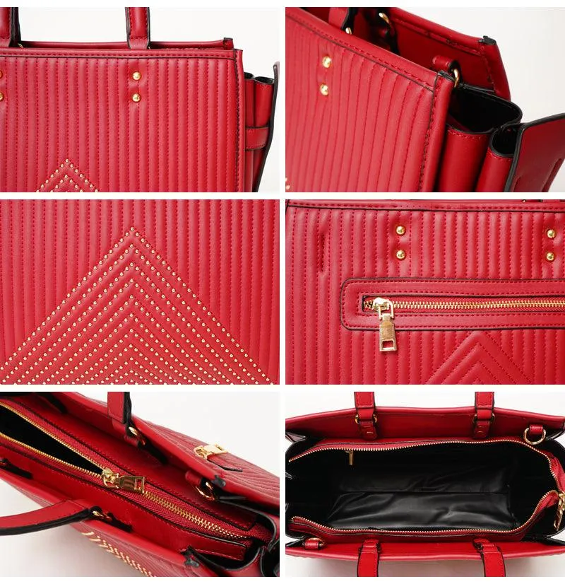 Pelletini 2-in-1 Triangle Stud Genuine Leather Handbag Red