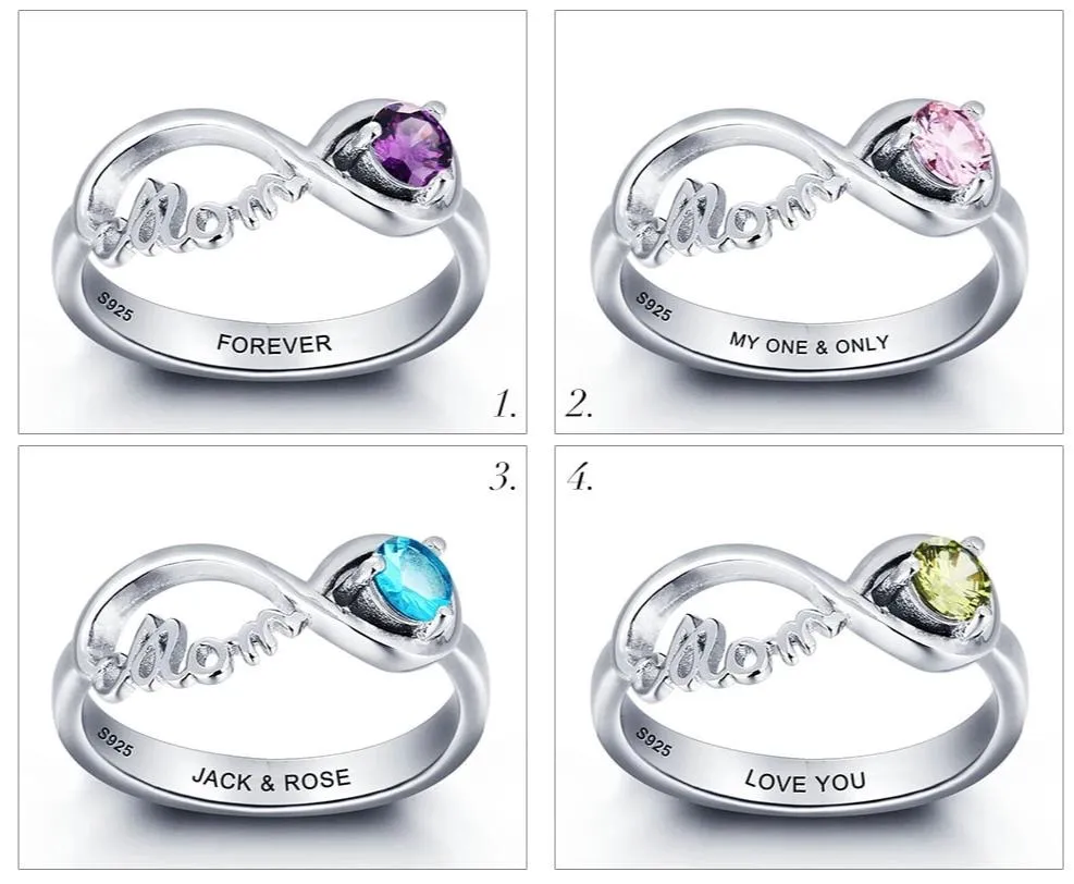 Personalized 925 Sterling Silver Engraved Name & Birthstone Mom Rings, Fashion Jewelry Gift for Mom