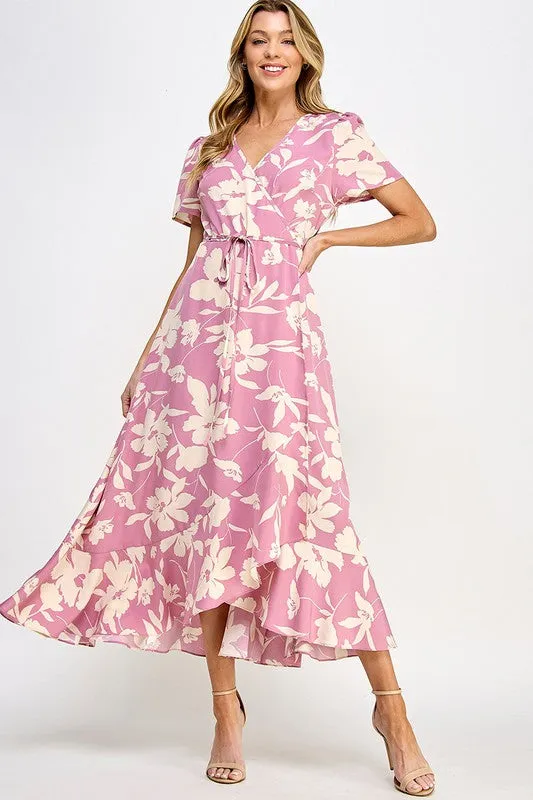 Pink Floral Print Wrap Drawstring Tie Waist Dress