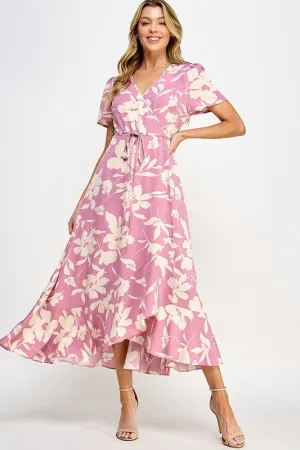 Pink Floral Print Wrap Drawstring Tie Waist Dress