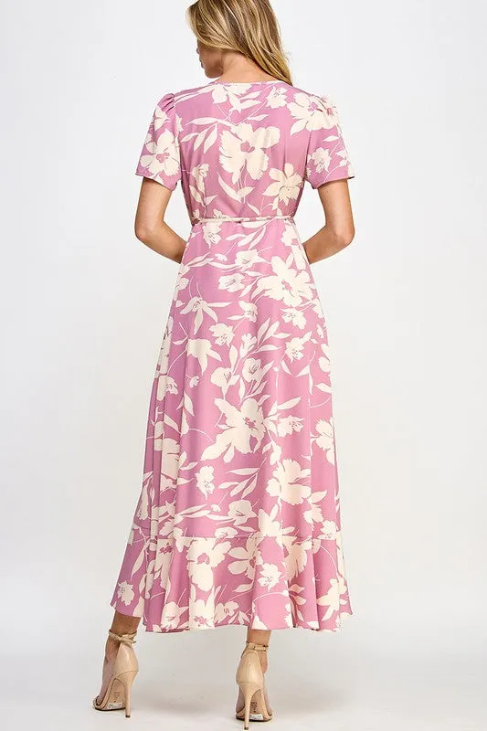 Pink Floral Print Wrap Drawstring Tie Waist Dress