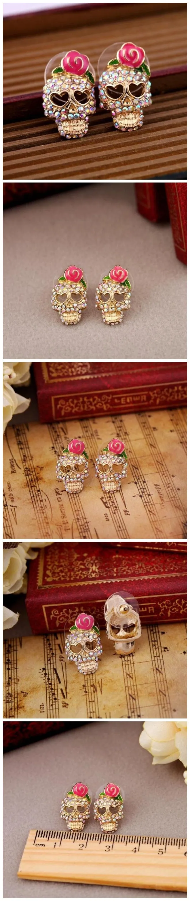 Pink Roses Skull Head Earrings