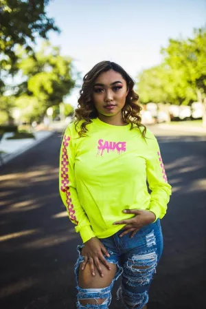 Pink Sauce (S) | Neon Yellow Long Sleeve Tee (Solid Checkered Drippin Sleeve)