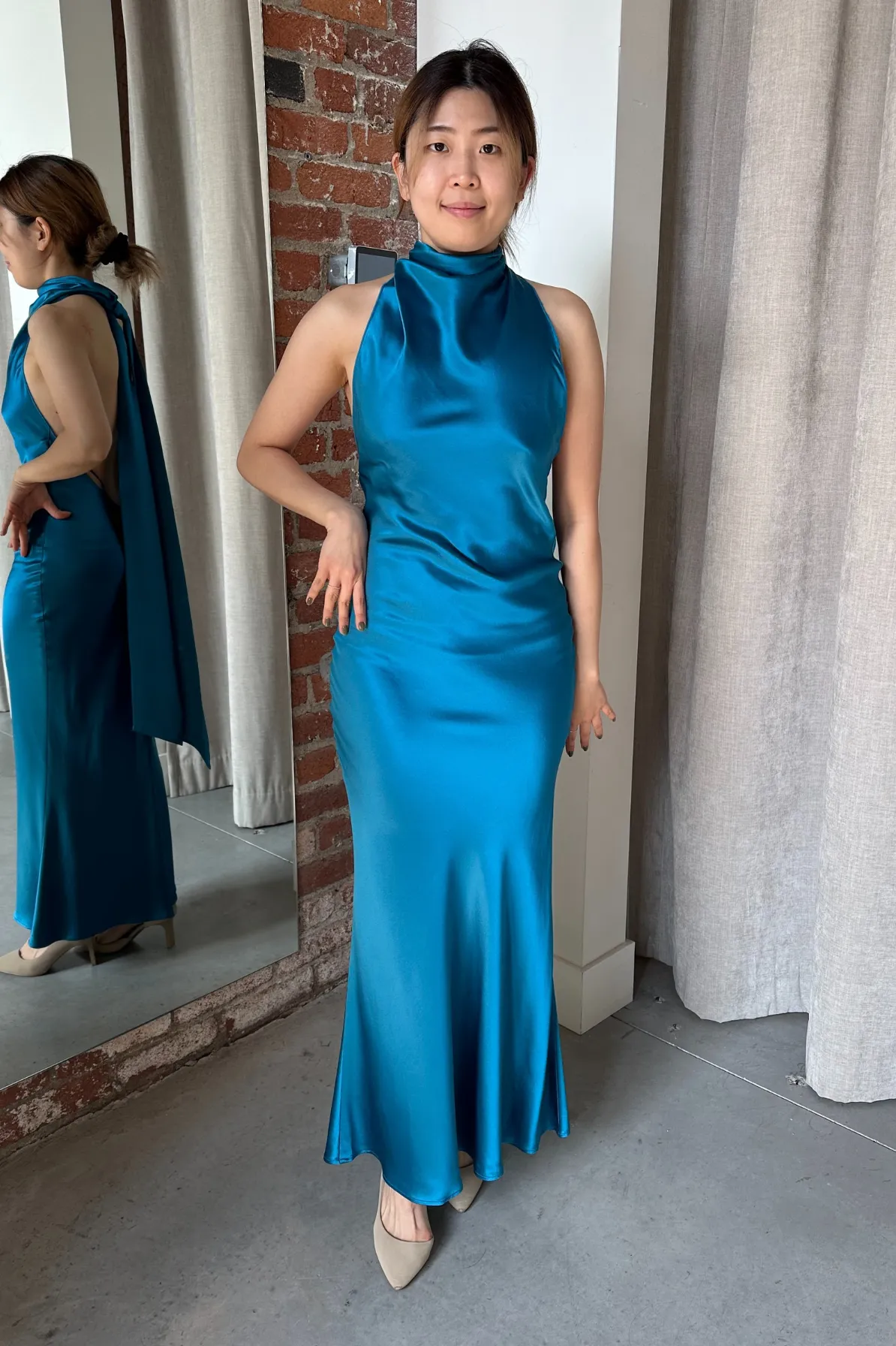 Pippa Petite Satin Gown in Peacock by Sau Lee - RENTAL