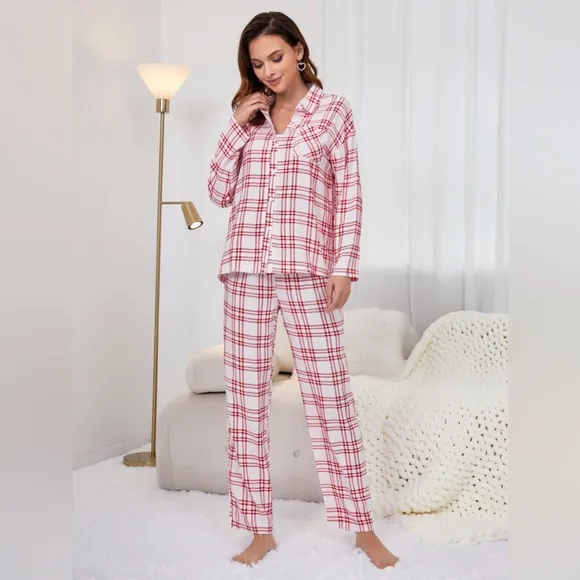 Plaid Collared Neck Long Sleeve Top and Pants Lounge Set