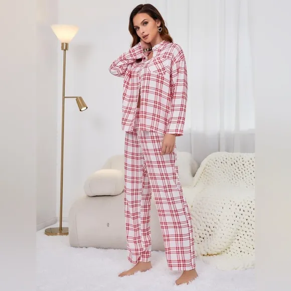 Plaid Collared Neck Long Sleeve Top and Pants Lounge Set