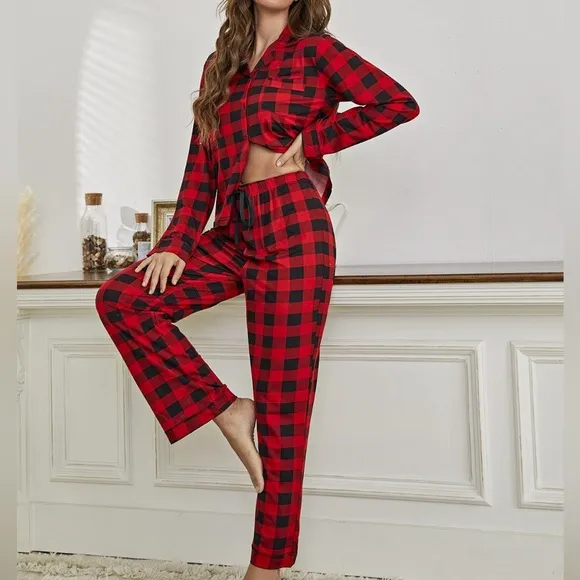Plaid Collared Neck Long Sleeve Top and Pants Lounge Set