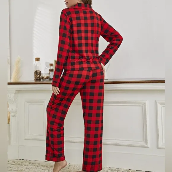 Plaid Collared Neck Long Sleeve Top and Pants Lounge Set