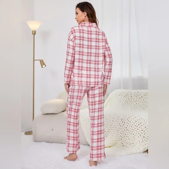 Plaid Collared Neck Long Sleeve Top and Pants Lounge Set