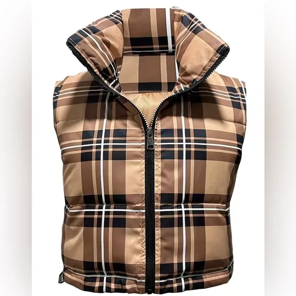 Plaid Pattern High Neck Vest, Casual Zip Up Sleeveless Warm Puffer Vest