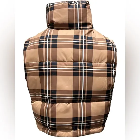 Plaid Pattern High Neck Vest, Casual Zip Up Sleeveless Warm Puffer Vest
