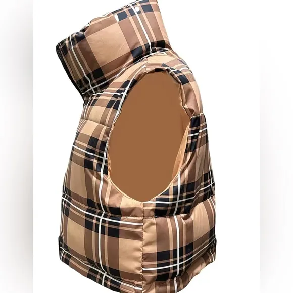 Plaid Pattern High Neck Vest, Casual Zip Up Sleeveless Warm Puffer Vest