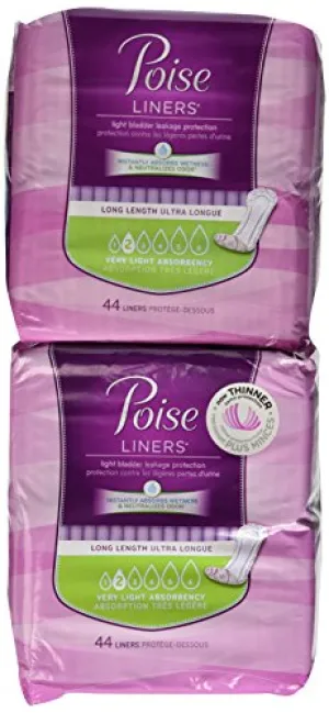 Poise Liners Light Bladder Leakage, Long, Very Light Absorbency, 2 Packs of 44