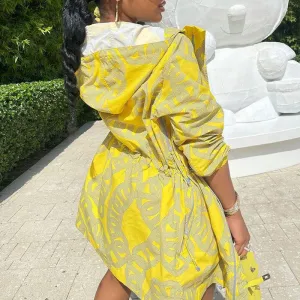 Print Hoodie Drawstring Long Coat & Shorts Set